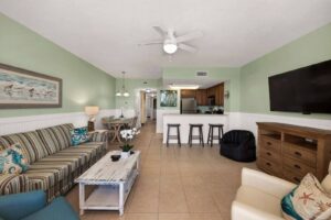 The living space of a vacation rental in Panama City Beach near top seafood restaurants.