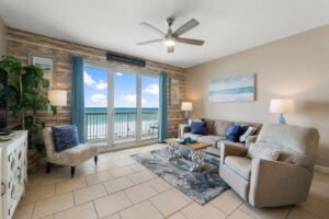 The living area of a Panama City Beach rental that's close to popular food festivals in Florida.